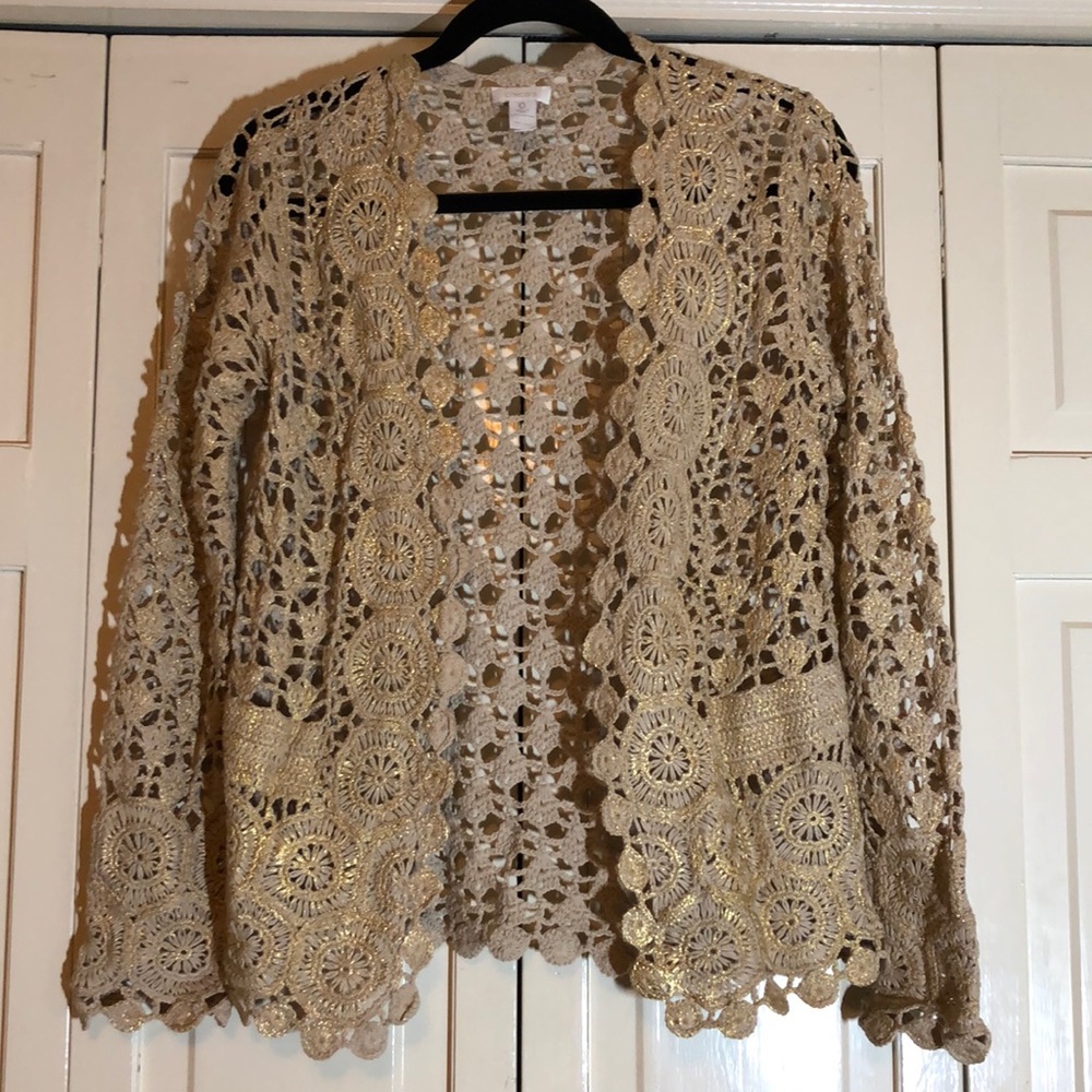 Crochet Neutral Tan Metallic Highlights Cotton Sweater BoHo coastal grandma R1